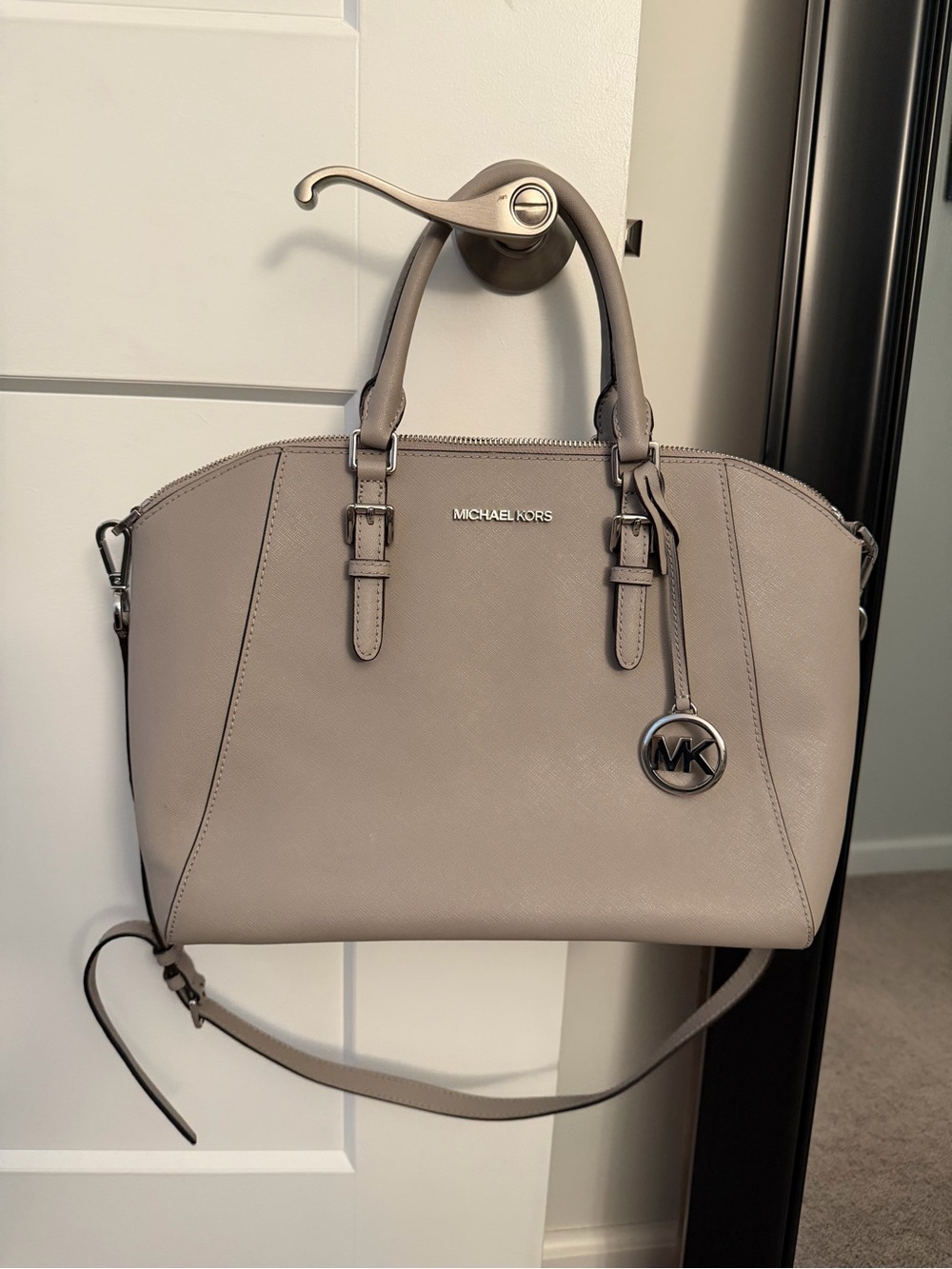 Michael Kors Taupe Saffiano Satchel with MK Charm